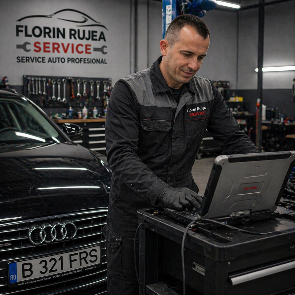 Mecanic Rujea Service folosind echipament de diagnoză